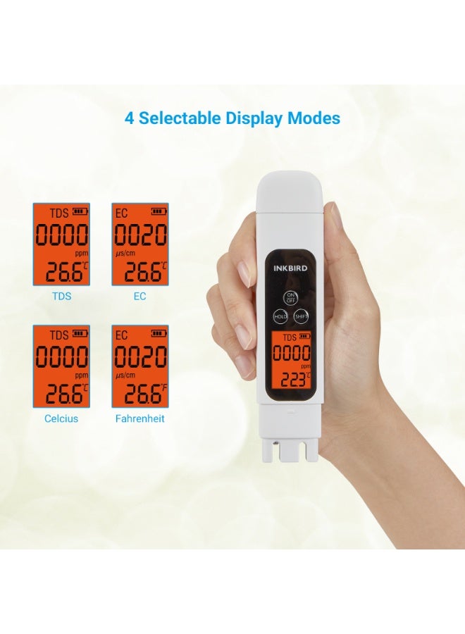 INKBIRD 3-in-1 Digital Water Quality Tester, TDS, EC & Temperature Meter, Instant High Accuracy Reading, PPM Meter with Backlit Display & Auto-Off for Drinking Water, Aquarium, Hydroponics, Pool Uses - Image 2
