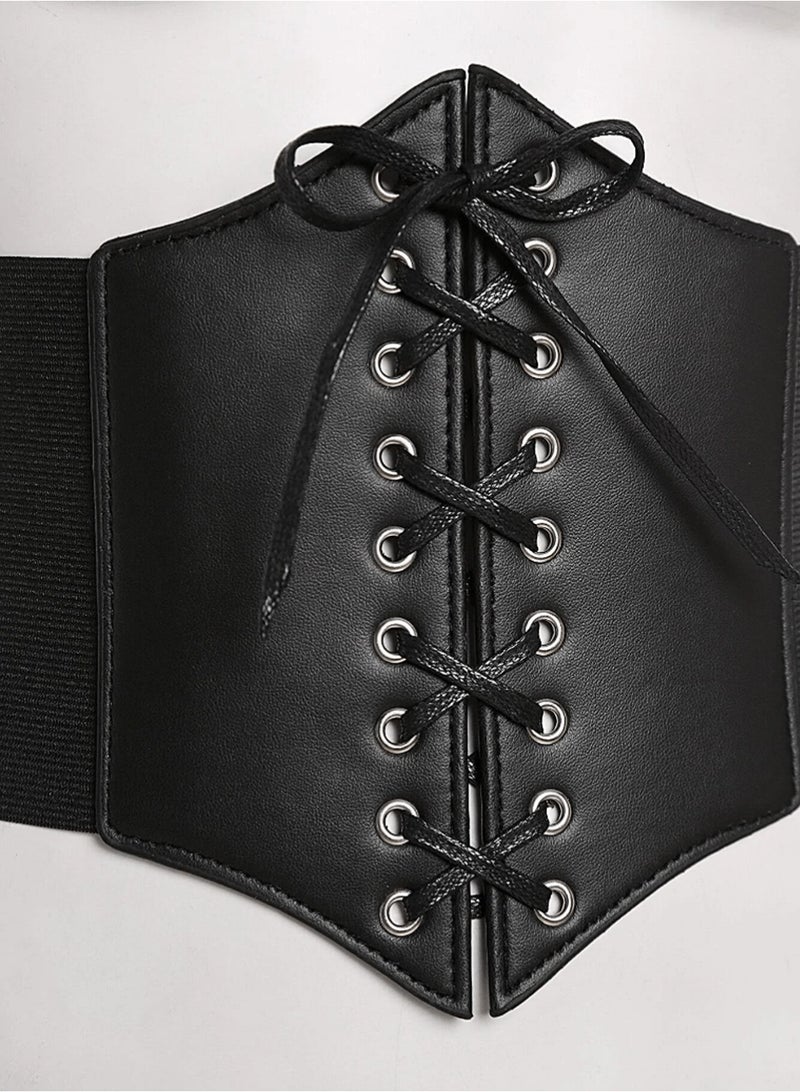 Shein Women's Black Waist Corset Belt with Faux Leather and Lace-up Design - Image 2