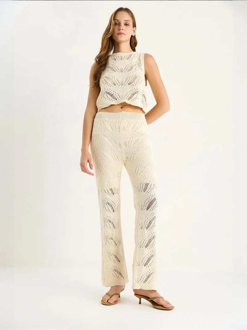 Bianco Lucci LUCCI Textured Knitwear Two-Piece Coord Set with High Waist Flare Pants