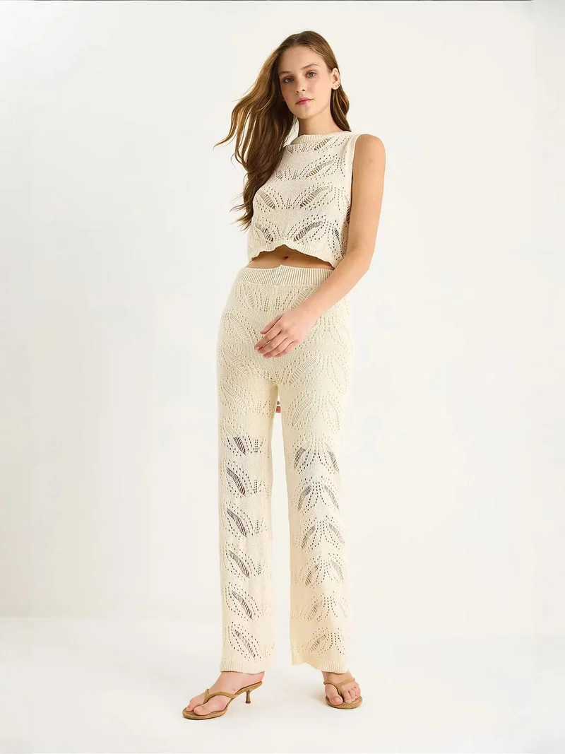 Bianco Lucci LUCCI Textured Knitwear Two-Piece Coord Set with High Waist Flare Pants