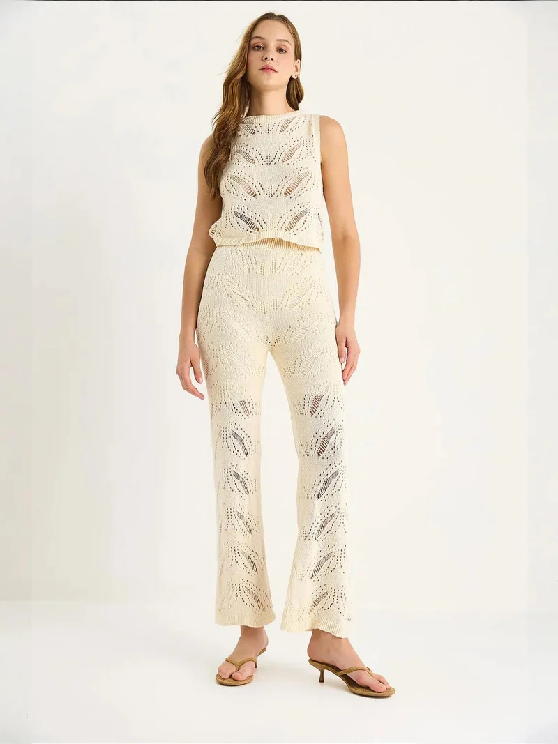 Bianco Lucci LUCCI Textured Knitwear Two-Piece Coord Set with High Waist Flare Pants