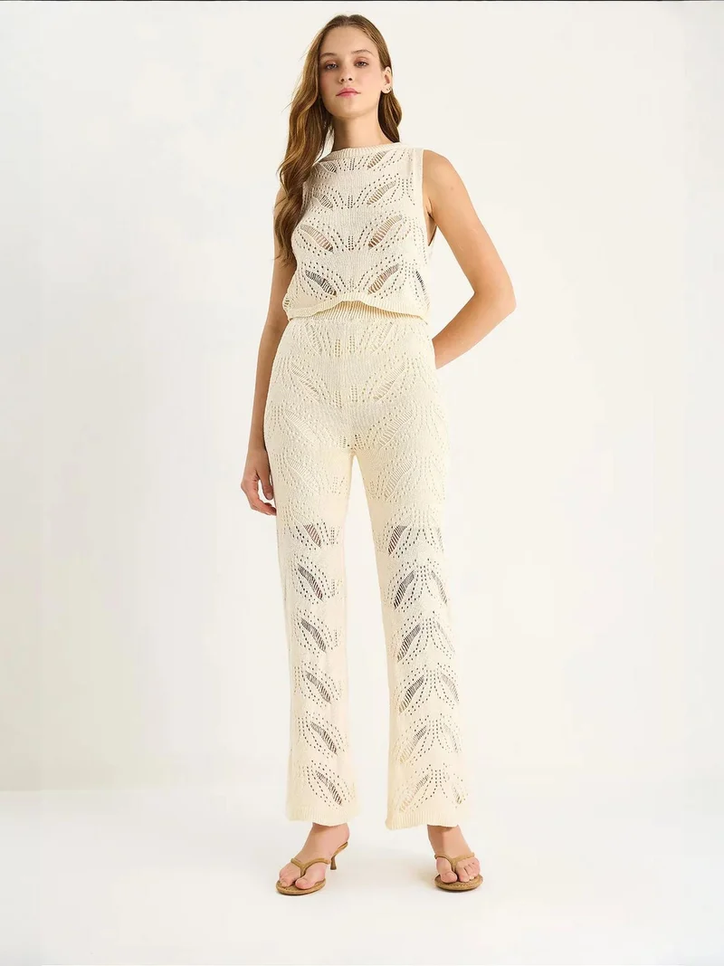 Bianco Lucci LUCCI Textured Knitwear Two-Piece Coord Set with High Waist Flare Pants