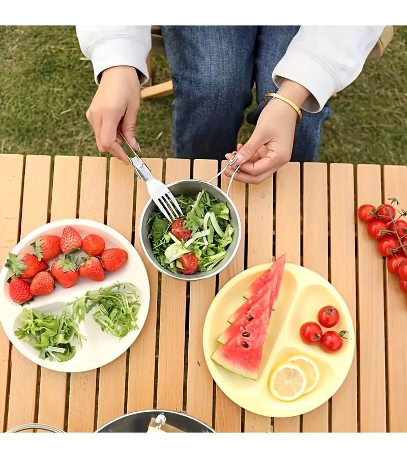 Black 3 in 1 Portable Stainless Steel Folding Cutlery Set with Case for Outdoor Camping Hiking Picnic Travel - Image 5