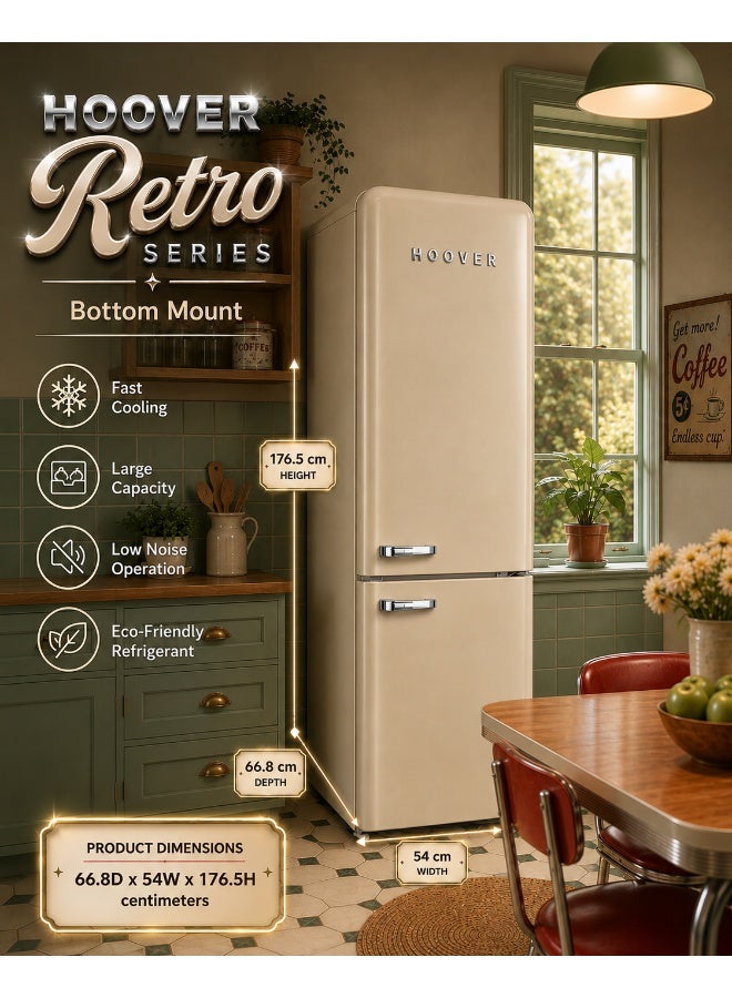 HOOVER 300L Bottom Mount Retro Style Refrigerator,Total No Frost Design,Humidity Control, Electronic Control & LED Light, Silver Strip & Ice Twister,1 Year Warranty, Cream - HBR-M300-RC 300 L HBR-M300-RC Cream - Image 2