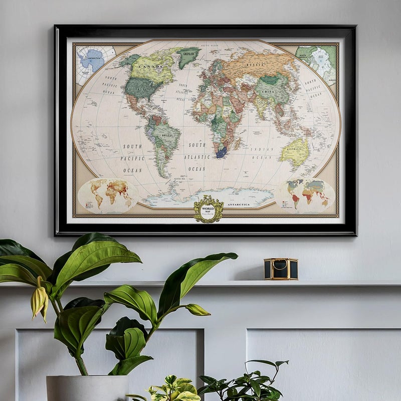 Renditions Gallery Colorful World Map Canvas Wall Art with Black Frame Wall Hanging Travel Map with Push Pins for Home, Office, Classroom - Image 2