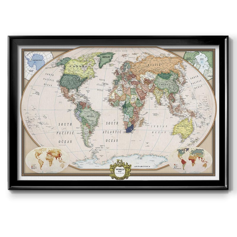 Renditions Gallery Colorful World Map Canvas Wall Art with Black Frame Wall Hanging Travel Map with Push Pins for Home, Office, Classroom - Image 1