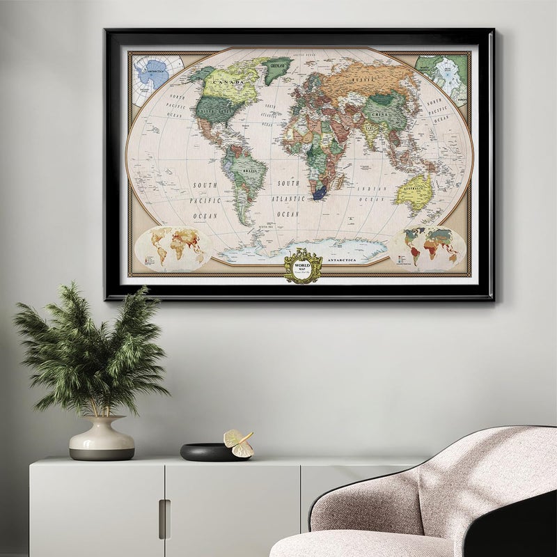 Renditions Gallery Colorful World Map Canvas Wall Art with Black Frame Wall Hanging Travel Map with Push Pins for Home, Office, Classroom - Image 3