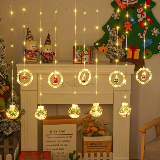 CHRISTMAS RINGS BALLS CURTAIN LIGHTS WINDOW CURTAIN HANGING LIGHT WITH 8 FLASHING MODES DECORATION LIGHT FOR CHRISTMAS HOME OFFICE WARM WHITE