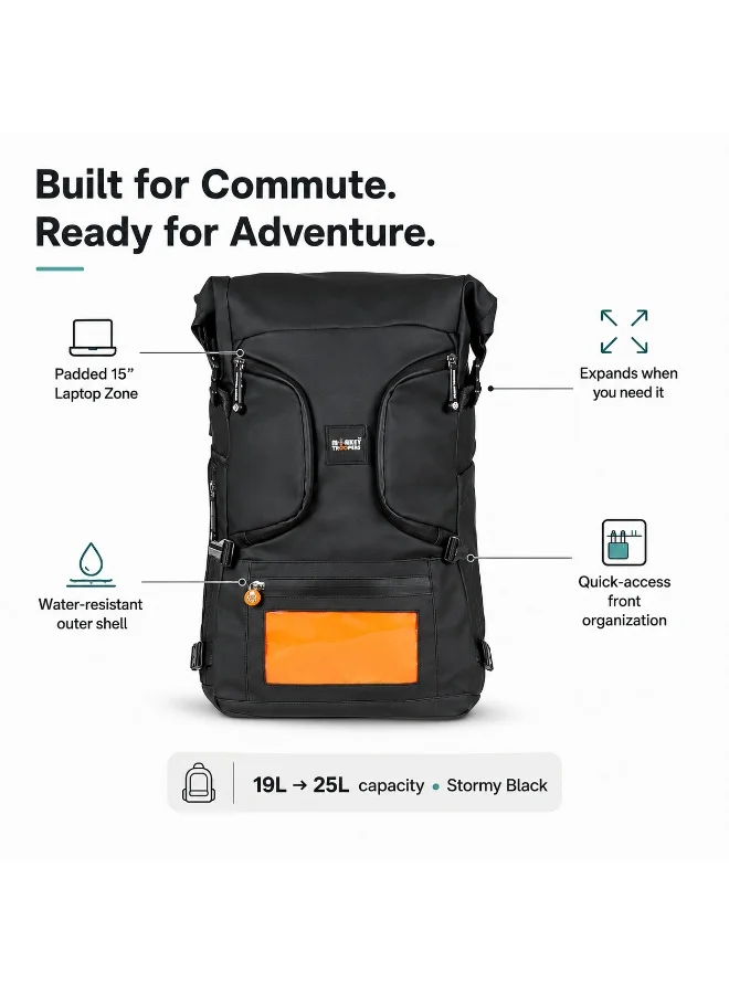 Monkey Troopers Black Stormy Roll Top Bag for Men Women with Magnetic Mount Tank Touch Sensitive Navigation Pocket 19-25 Liter Expandable Capacity