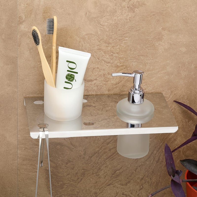 Fortune Premium Glass Wall Mounted Liquid Holder with Tumbler Holder & Toothbrush Stand for Bathing Centre Bathroom Accessories for Homes, Hotels Decor- Chrome, Pack of (1) - Image 3