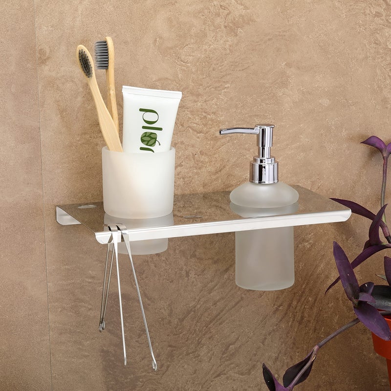 Fortune Premium Glass Wall Mounted Liquid Holder with Tumbler Holder & Toothbrush Stand for Bathing Centre Bathroom Accessories for Homes, Hotels Decor- Chrome, Pack of (1) - Image 2