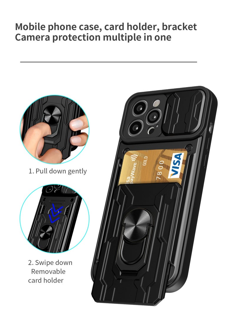 Case Cover For Apple iPhone 14 Pro Max Mobile Phone  with Card Holder, Slide Camera Lens Cover, 360°Rotating Kickstand Ring, Bumper Shockproof Phone Case - Image 3