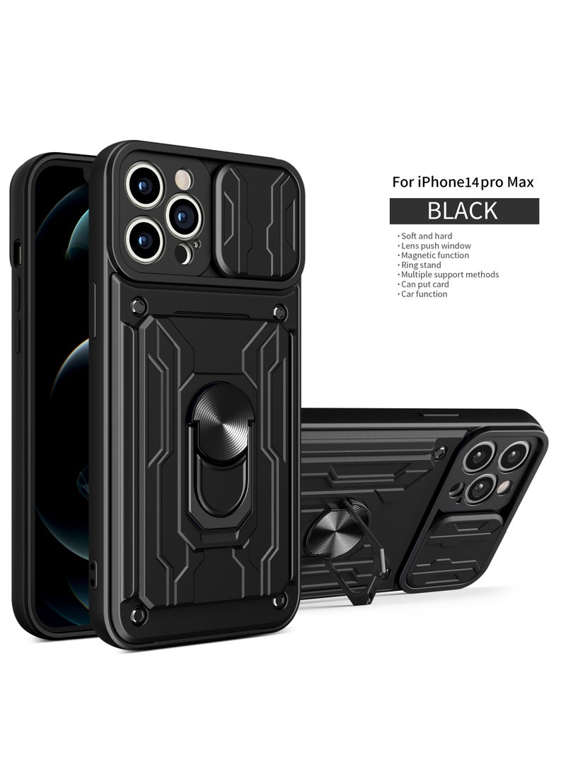 Case Cover For Apple iPhone 14 Pro Max Mobile Phone  with Card Holder, Slide Camera Lens Cover, 360°Rotating Kickstand Ring, Bumper Shockproof Phone Case - Image 1