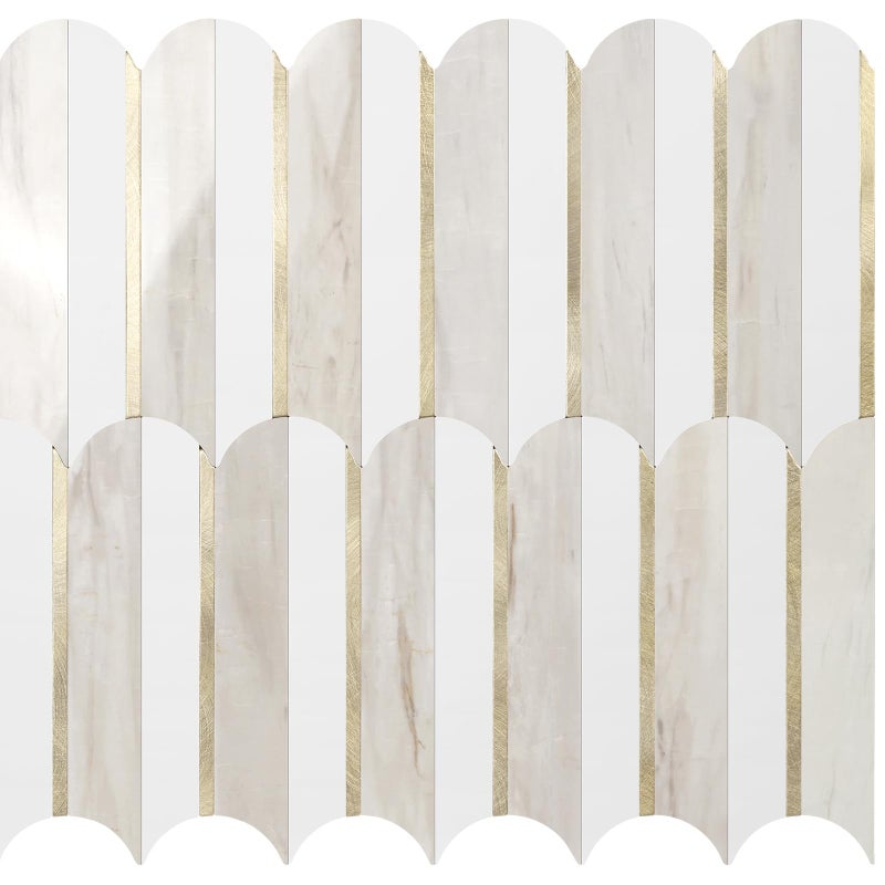 Vamos Tile Peel and Stick Backsplash Seamless Tile for Kitchen and Bathroom,White and Glossy Wooden Marble PVC Mixed Light Gold Self Adhesive Fish Scale Metal Mosaic Tiles (10 Sheets) - Image 1