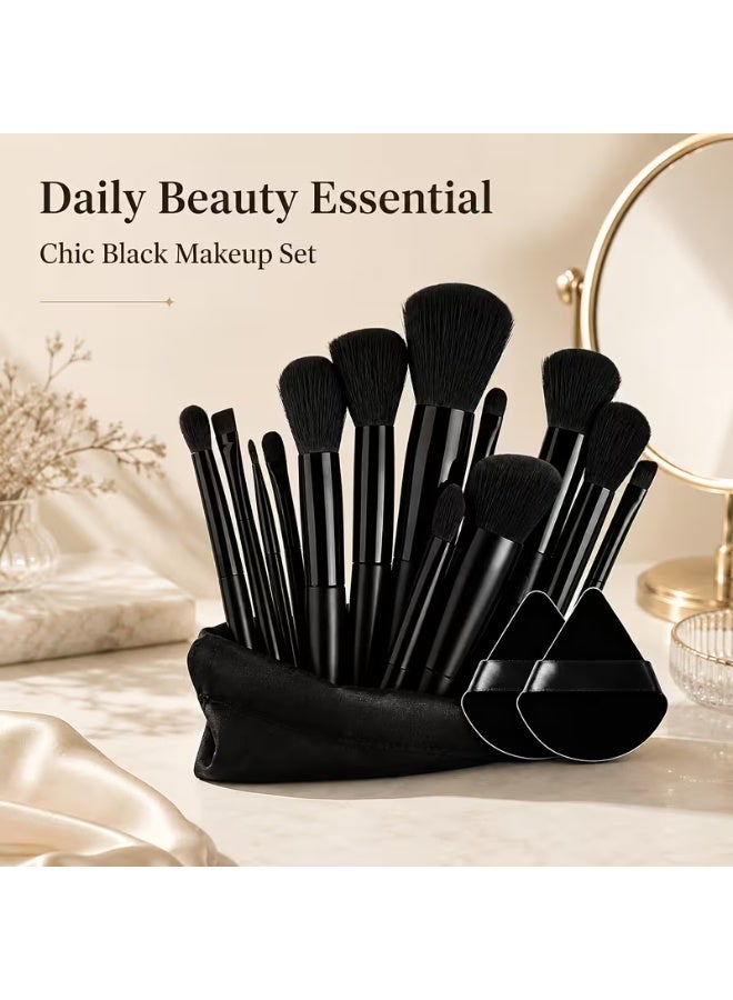 aeen Black Makeup Brush Set 13 with 2PCS – Soft Dense Bristle Foundation, Blush & Eyeshadow Brushes, Professional Travel Cosmetic Brush Kit with Pouch - Image 3