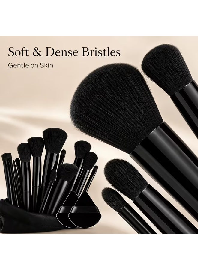 aeen Black Makeup Brush Set 13 with 2PCS – Soft Dense Bristle Foundation, Blush & Eyeshadow Brushes, Professional Travel Cosmetic Brush Kit with Pouch - Image 2