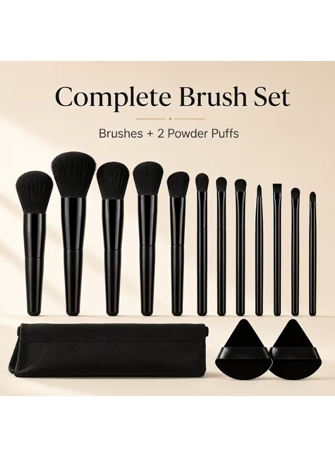 aeen Black Makeup Brush Set 13 with 2PCS – Soft Dense Bristle Foundation, Blush & Eyeshadow Brushes, Professional Travel Cosmetic Brush Kit with Pouch - Image 1