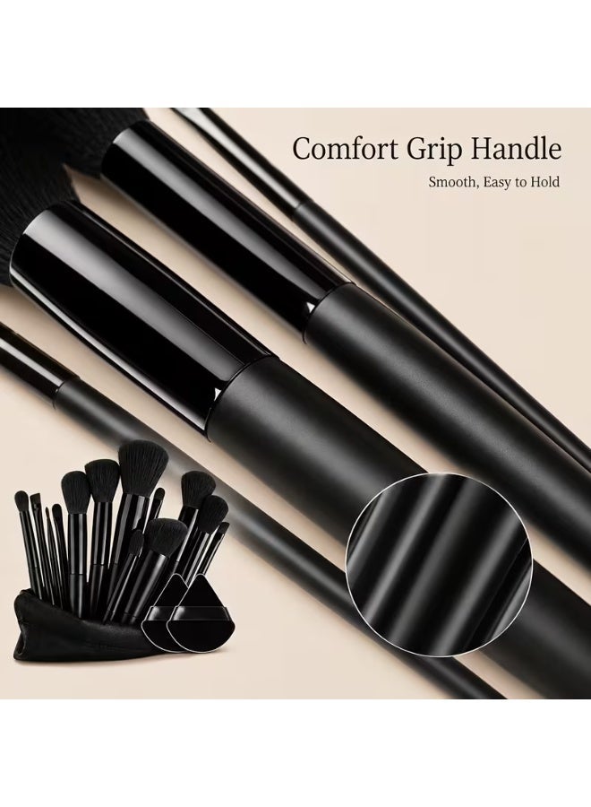 aeen Black Makeup Brush Set 13 with 2PCS – Soft Dense Bristle Foundation, Blush & Eyeshadow Brushes, Professional Travel Cosmetic Brush Kit with Pouch - Image 4