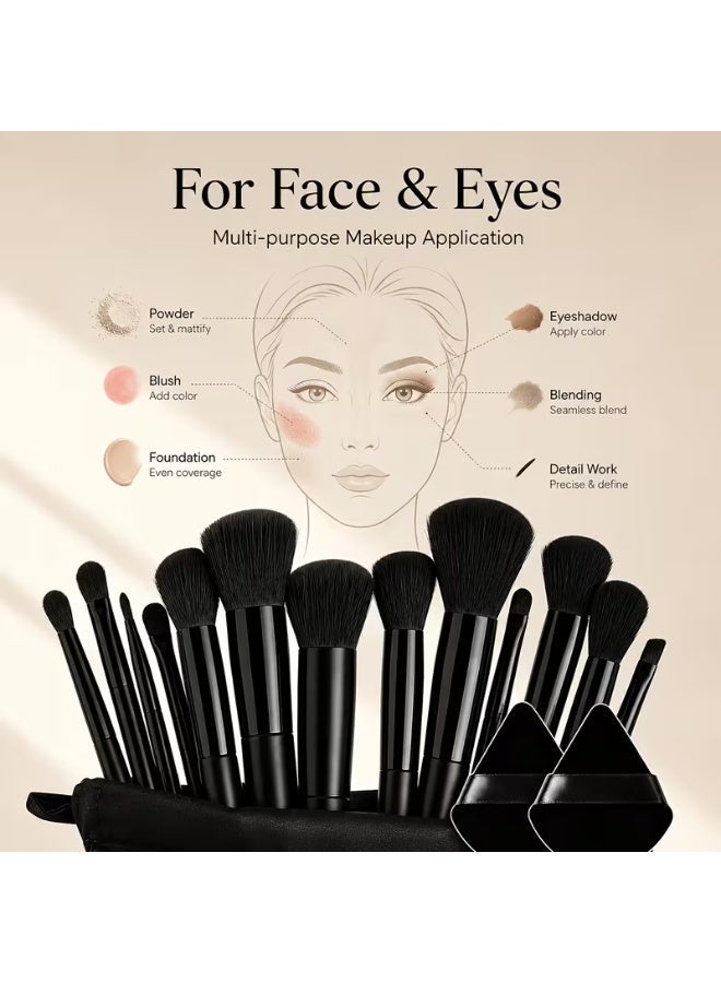 aeen Black Makeup Brush Set 13 with 2PCS – Soft Dense Bristle Foundation, Blush & Eyeshadow Brushes, Professional Travel Cosmetic Brush Kit with Pouch - Image 5
