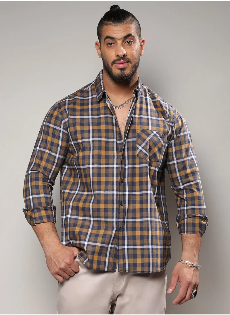 Instafab Plus Instafab Plus Men's Cobalt Blue & Mustard Yellow Tartan Plaid Shirt For Casual Wear | Spread Collar | Long Sleeve | Button Closure | Shirt Crafted With Comfort Fit For Everyday Wear
