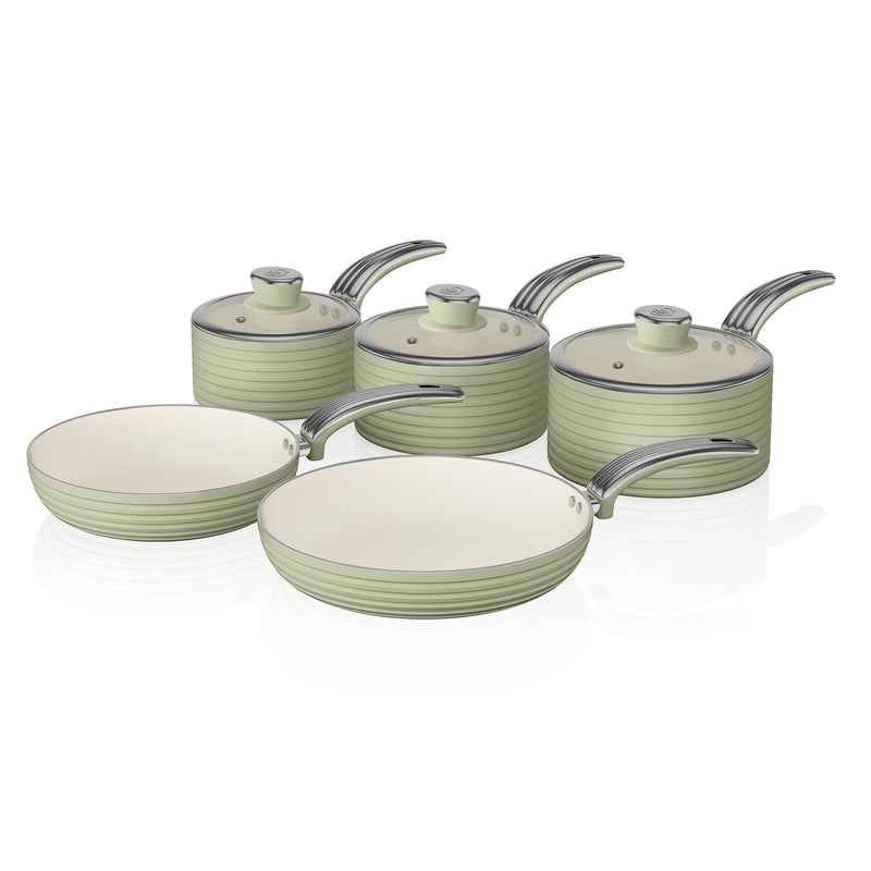 Swan SWPS5020GN Retro 5 Piece Aluminium Pan Set with Glass Lid NonStick Ceramic Coating Green