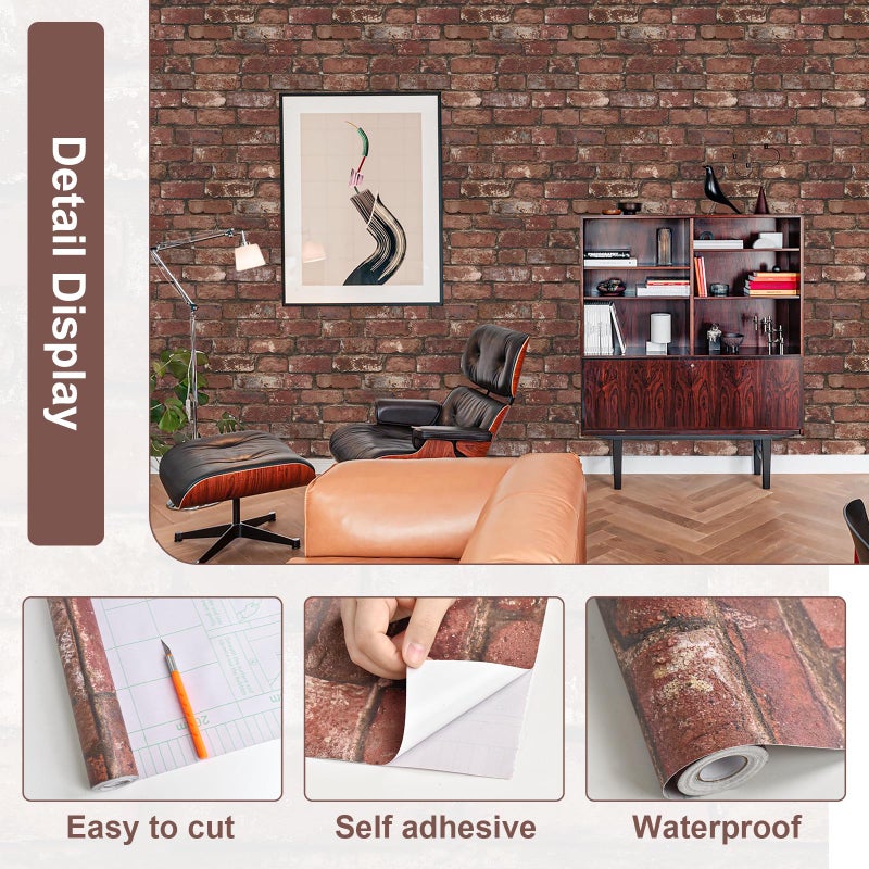 Sevalo Red Brick Wallpaper Peel and Stick Contact Paper for Walls Faux 3D Vintage Brick Wrapping Paper Self-Adhesive Removable Wallpaper Realistic Bedroom Bathroom Waterproof Accent Wall 17.3â€Ã—78.7â€ - Image 3