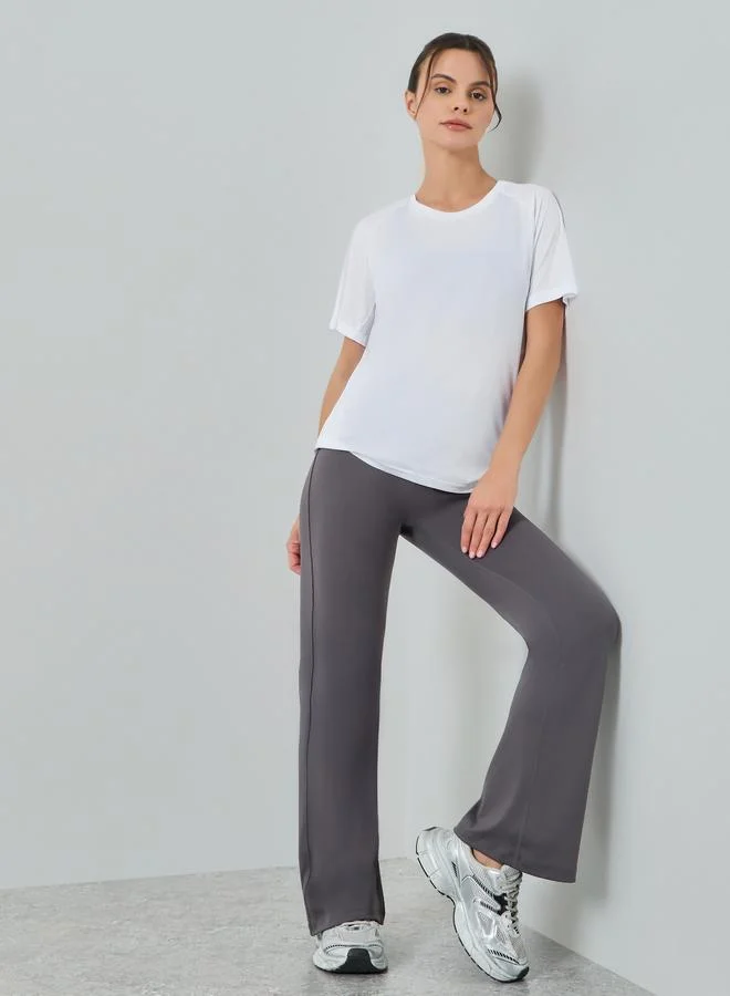 Styli Active White Textured Panelled Short Sleeves Top