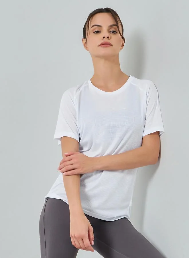 Styli Active White Textured Panelled Short Sleeves Top