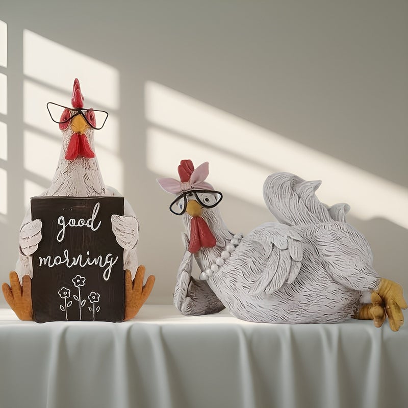 Creative Resin Craft Rooster and Hen Figurine for Office Decor Cute Stress Relief Gift - Image 2