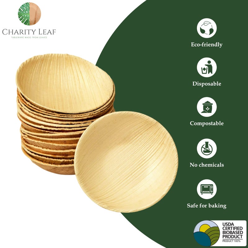Charity Leaf Disposable Palm Leaf 3.5" Round Mini Bowl (25 pcs) Dipping Bowls | Bamboo Like| All Natural and Biodegradable | Charcuterie Boards, BBQs, and Parties - Image 2