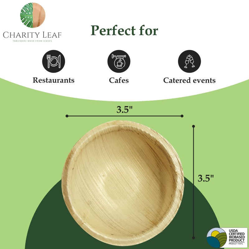 Charity Leaf Disposable Palm Leaf 3.5" Round Mini Bowl (25 pcs) Dipping Bowls | Bamboo Like| All Natural and Biodegradable | Charcuterie Boards, BBQs, and Parties - Image 3