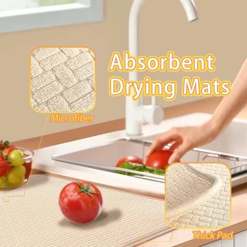 KASTWAVE 2 Pack Extra Large Dish Drying Mats, Absorbent Microfiber Kitchen Counter Drainer Pads 24×17", Non-Slip, Quick-Drying, Machine Washable, Multi-Purpose Draining Mat for Dishes, Cups (Beige) - Image 4