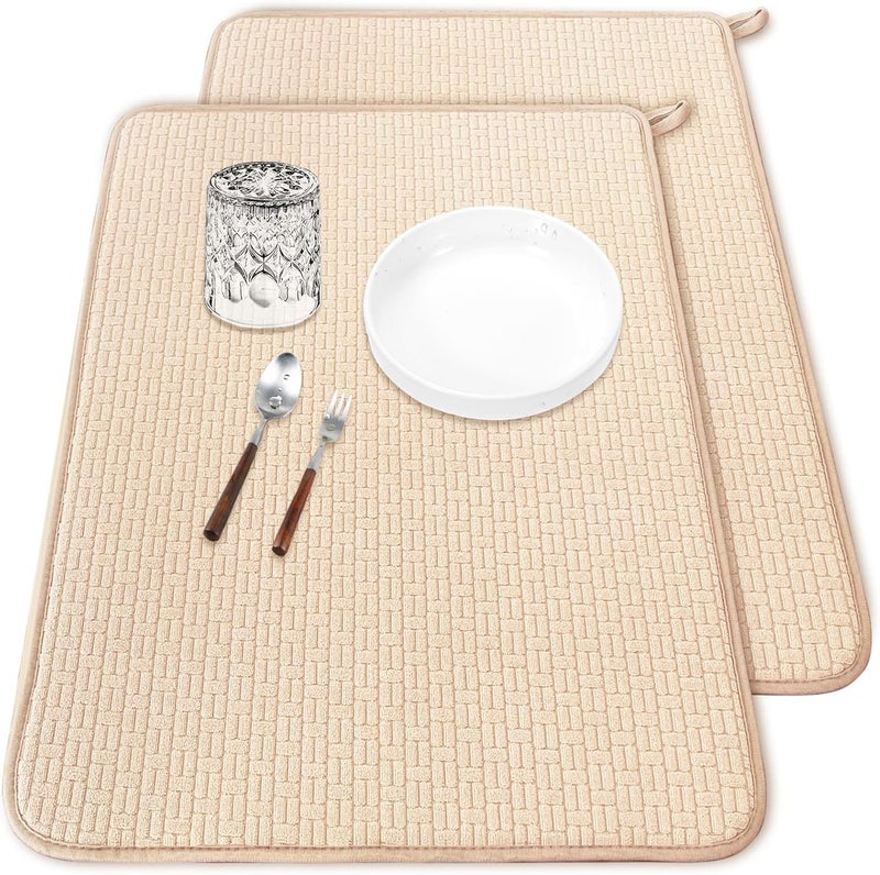 KASTWAVE 2 Pack Extra Large Dish Drying Mats, Absorbent Microfiber Kitchen Counter Drainer Pads 24×17", Non-Slip, Quick-Drying, Machine Washable, Multi-Purpose Draining Mat for Dishes, Cups (Beige) - Image 1