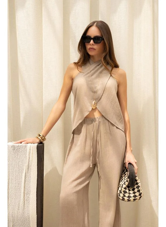 Bohemai  Cadhas Neck-Tied Khaki Crop Pants Set. for Women | Best Price UAE