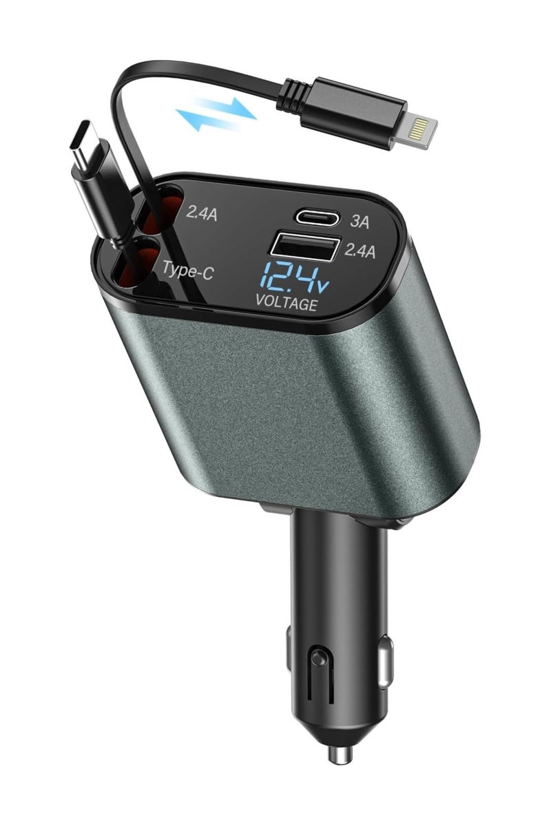 Car Charger 4 in 1 Adapter, Retractable Charging Cables, Dual USB and Type-C Ports, LED Voltage Display, Fast Charging for iPhone, Android, Samsung Galaxy, Huawei, Xiaomi, iPad, Compact Multi-Device Charger  - Image 1