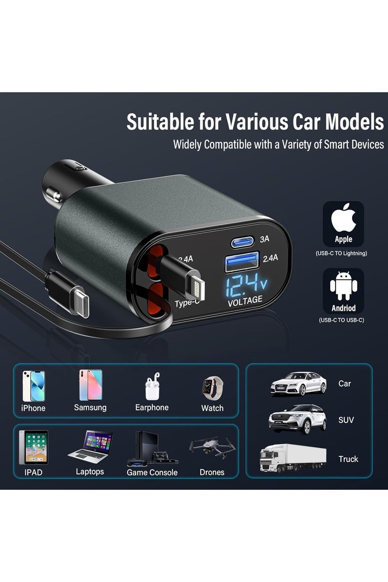 Car Charger 4 in 1 Adapter, Retractable Charging Cables, Dual USB and Type-C Ports, LED Voltage Display, Fast Charging for iPhone, Android, Samsung Galaxy, Huawei, Xiaomi, iPad, Compact Multi-Device Charger  - Image 2