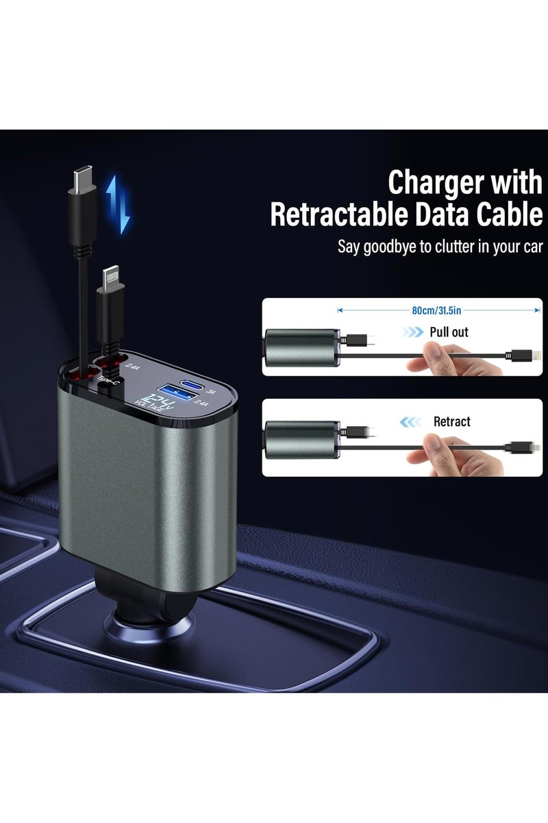 Car Charger 4 in 1 Adapter, Retractable Charging Cables, Dual USB and Type-C Ports, LED Voltage Display, Fast Charging for iPhone, Android, Samsung Galaxy, Huawei, Xiaomi, iPad, Compact Multi-Device Charger  - Image 3