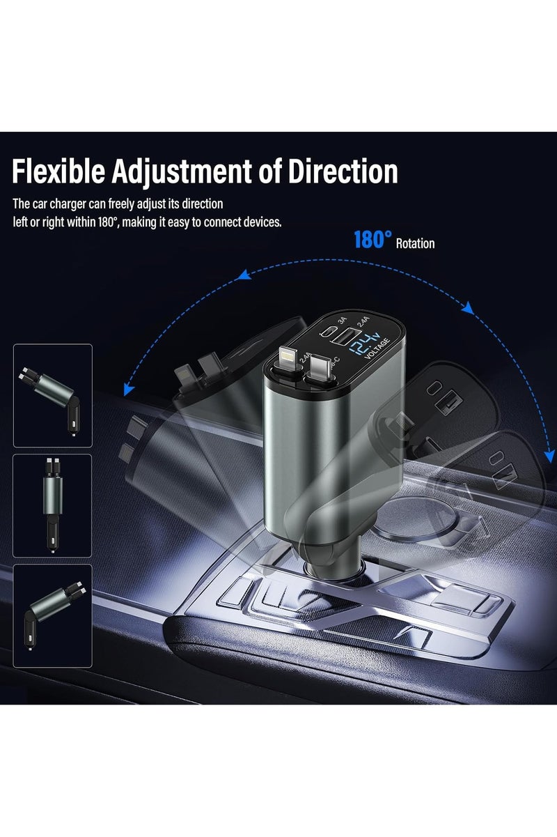 Car Charger 4 in 1 Adapter, Retractable Charging Cables, Dual USB and Type-C Ports, LED Voltage Display, Fast Charging for iPhone, Android, Samsung Galaxy, Huawei, Xiaomi, iPad, Compact Multi-Device Charger  - Image 4
