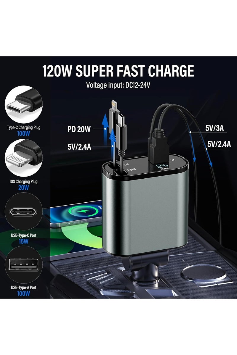 Car Charger 4 in 1 Adapter, Retractable Charging Cables, Dual USB and Type-C Ports, LED Voltage Display, Fast Charging for iPhone, Android, Samsung Galaxy, Huawei, Xiaomi, iPad, Compact Multi-Device Charger  - Image 5