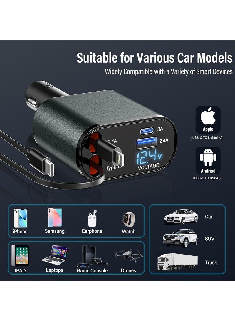 Car Charger with Type-C & USB Ports – 120W 4-in-1 Fast Charging Adapter with Built-in Voltage Display, PD Quick Charge for iPhone, Android, iPad, Pixel, Samsung - Image 3