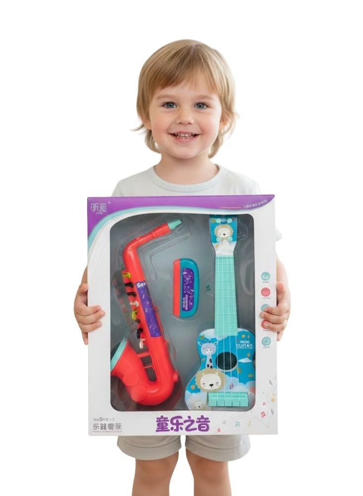بريميم مجموعة ألعاب موسيقية للأطفال تتضمن ساكسفون وجيتار صغير - تصميم كرتوني ملون، مجموعة أدوات موسيقية تعليمية للأطفال الصغار - Image 1