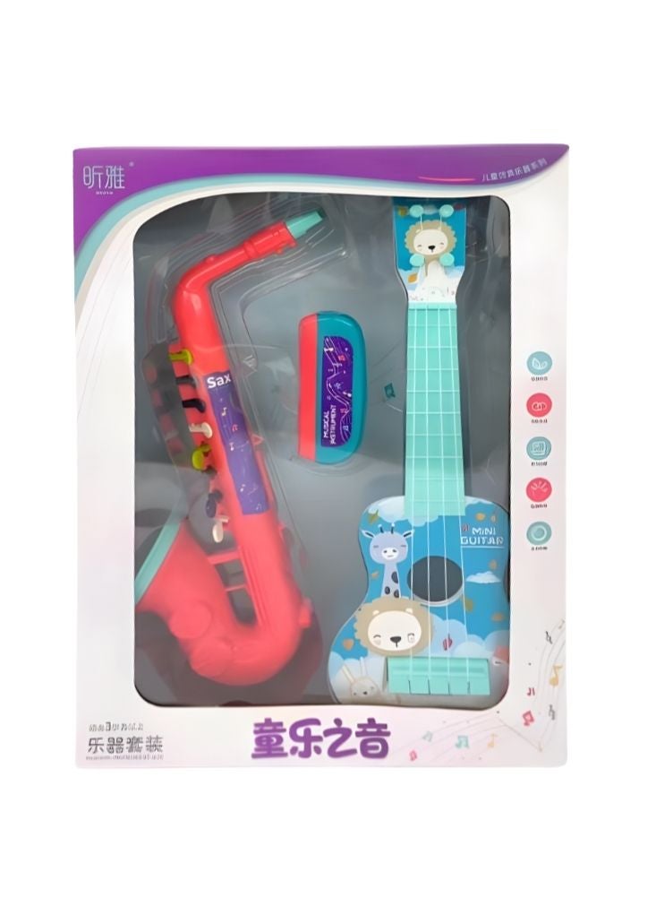 بريميم مجموعة ألعاب موسيقية للأطفال تتضمن ساكسفون وجيتار صغير - تصميم كرتوني ملون، مجموعة أدوات موسيقية تعليمية للأطفال الصغار - Image 2