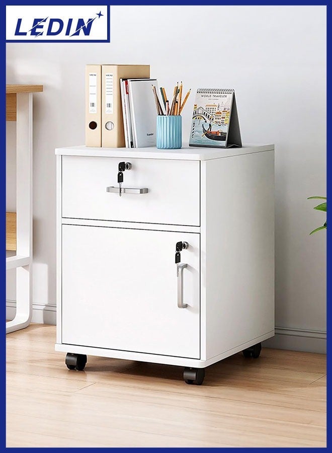 LEDIN Movable Filing Cabinet with 1 Drawer and 1 Door Lockable Office Cabinet with Wheels in White Industrial Wood (one drawer one door) - Image 1