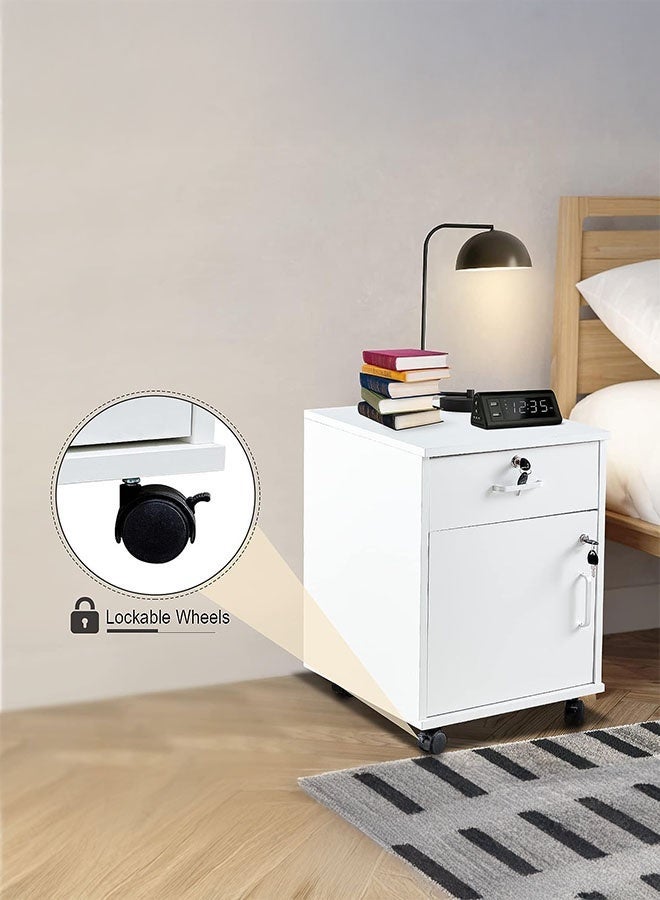 LEDIN Movable Filing Cabinet with 1 Drawer and 1 Door Lockable Office Cabinet with Wheels in White Industrial Wood (one drawer one door) - Image 3