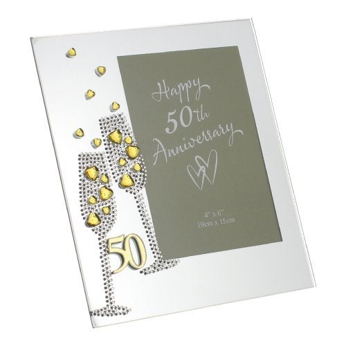Oaktree Gifts Flute Diamante 50th Anniversary Mirror Frame 4 x 6 - Image 1