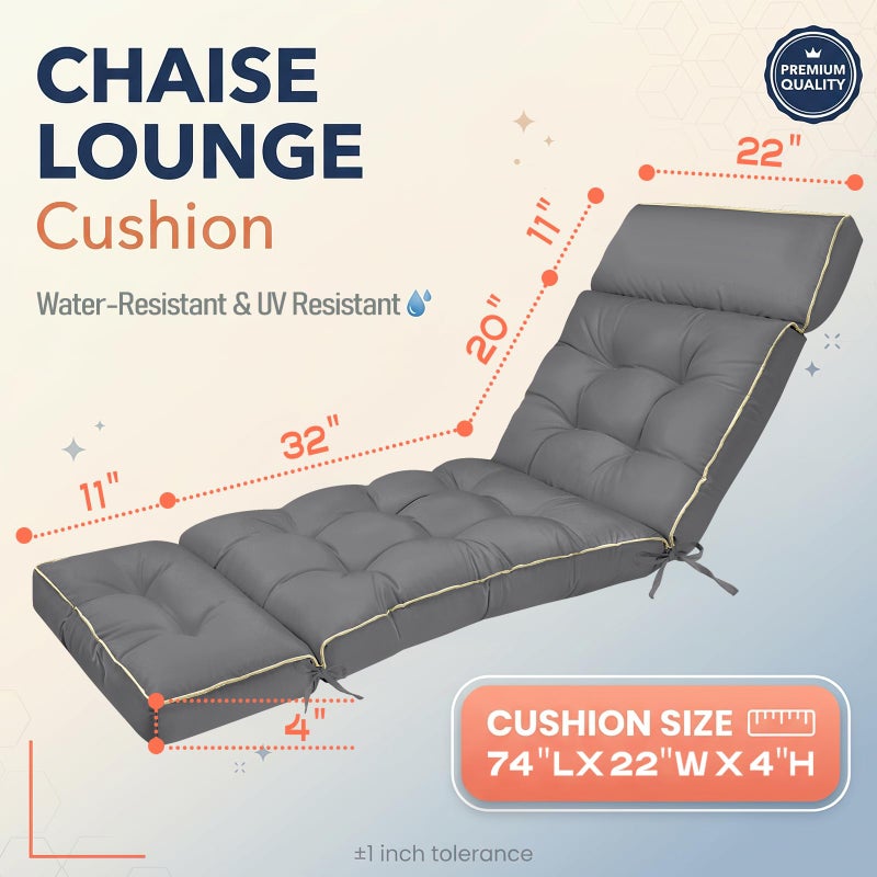 MAGIC ELEPHANT Chaise Lounge Cushion Outdoor, Memory Foam Replacement Patio Pool Lounge Chair Cushion with Ties for Outdoor Furniture, 74 x 22 x 4 Inch (Gray) - Image 3