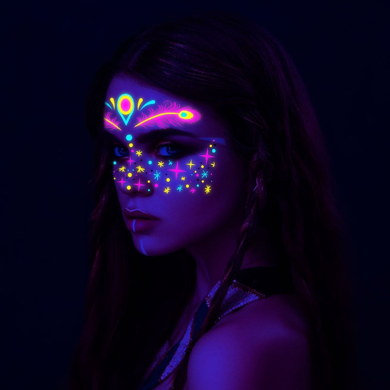 Glow-In-The-Dark Face Sticker Multicolor Water Transfer Easy To Apply Fluorescent Face Tattoo Sticker - Waterproof Long-Lasting Luminous Face Decal For Club Music Festival Party Activities - Image 2