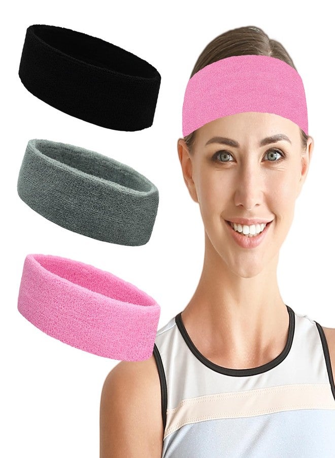 Pejnl Sweatbands Sports Headbands for Men & Women - 3 Pack Moisture Wicking Cotton Headband for Tennis, Basketball, Running, Gym - Sweat Band (Black, Gray, Pink) - Image 1