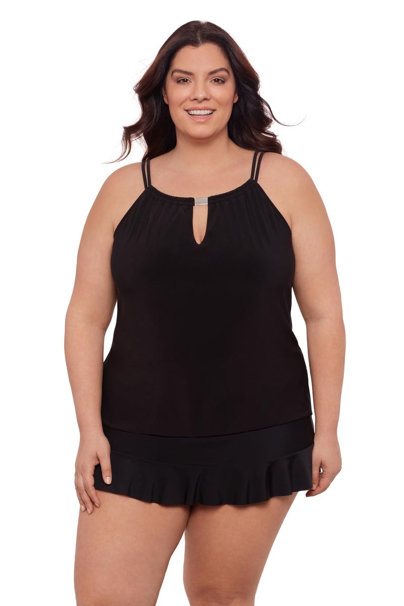 Aqua Green Women's Keyhole High Neck Full Coverage Adjustable Tankini Swim Top, Black, X-Large - Image 1