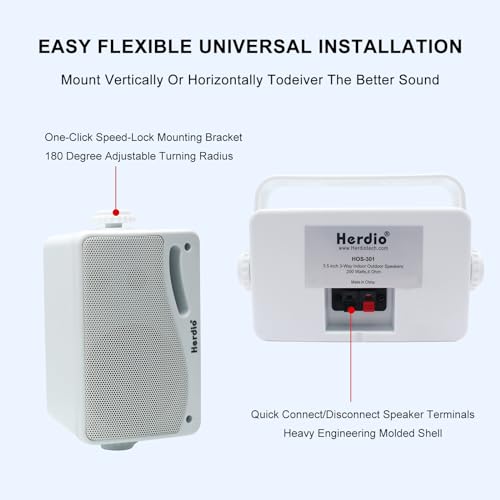 Herdio 3.5 Inch Passive Outdoor Speakers Wired Waterproof, 200W 3 Way Premium Mountable Wall Mount Speakers with Superior Sound, All-Weather Durability, for Patio Marine Boat Garage Indoor(White Pair) - Image 5
